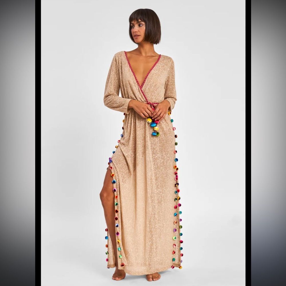 Pitusa Santorini Tan Maxi Dress with Pom Pom Trim petite size